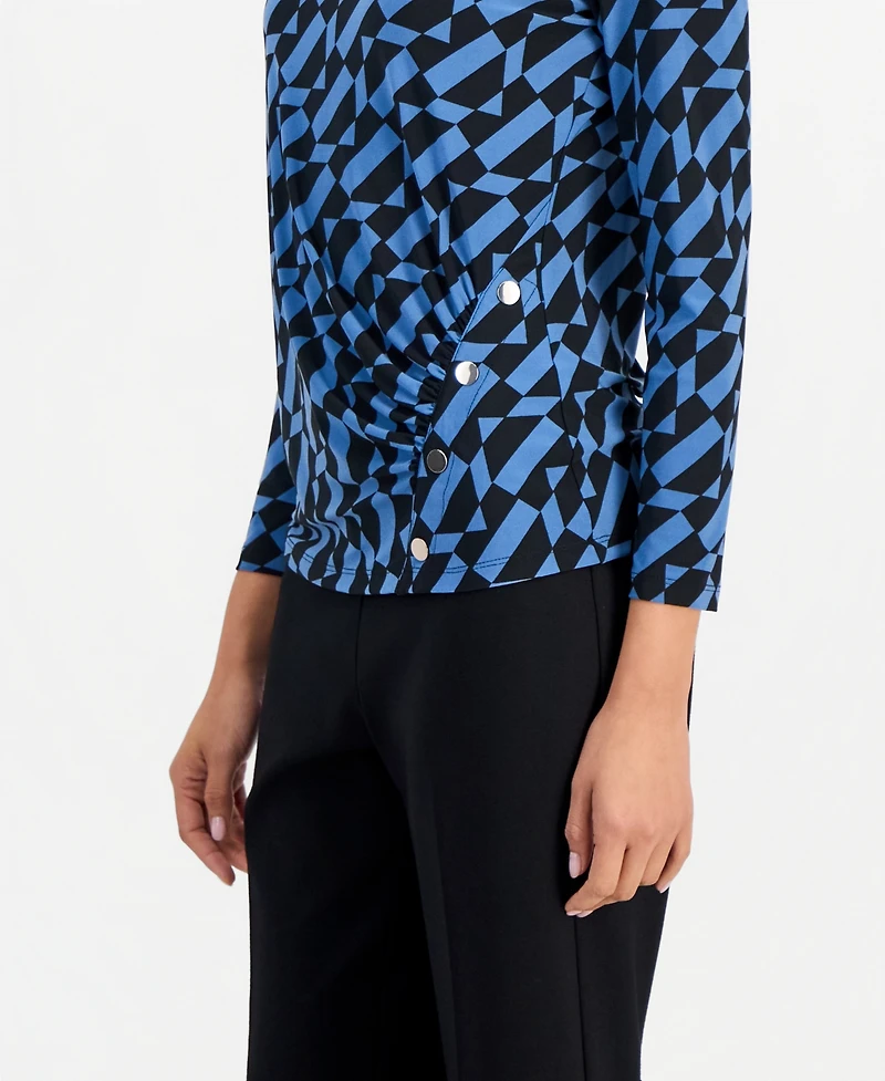 Anne Klein Essentials Petite Geo Printed Front Ruche Boat Neck Work Blouse