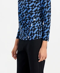 Anne Klein Essentials Petite Geo Printed Front Ruche Boat Neck Work Blouse