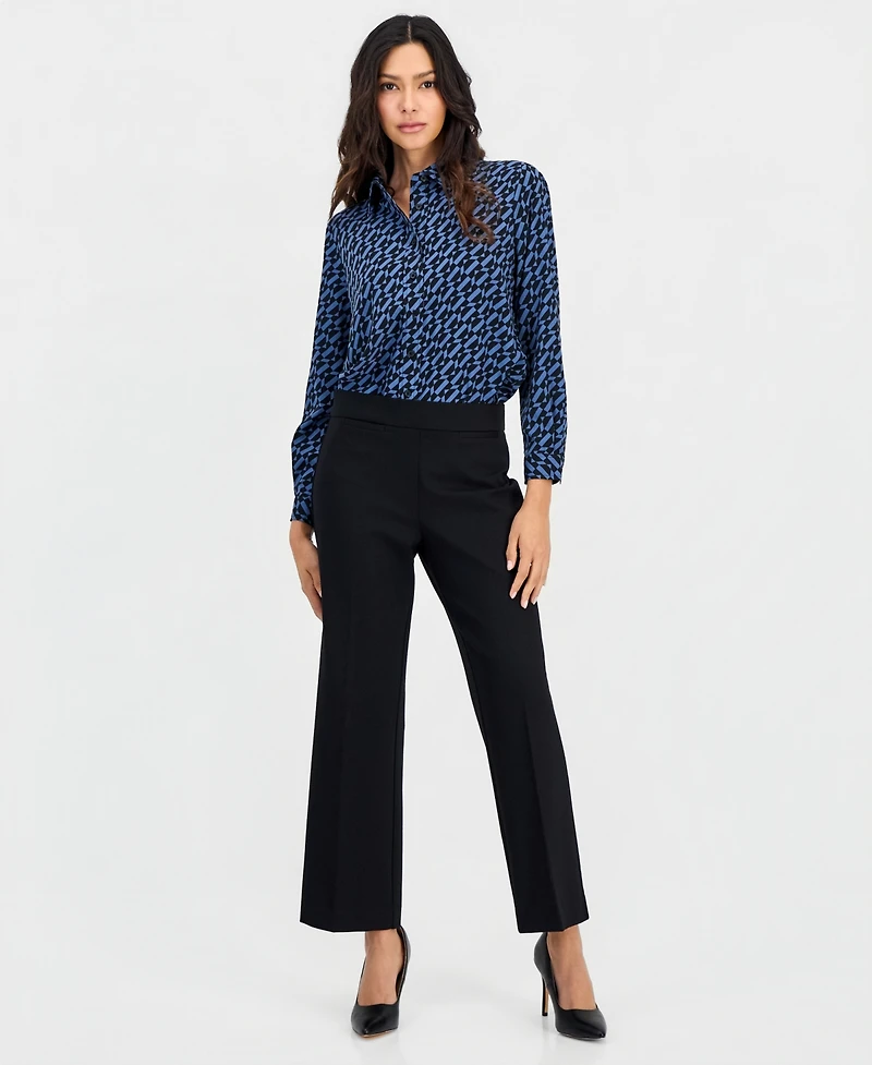 Anne Klein Essentials Petite Printed Button-Front Long-Sleeve Blouse