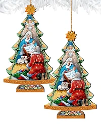 Designocracy Adoration Nativity Tree Christmas Wooden Ornaments Holiday Decor Set of 2 G. DeBrekht