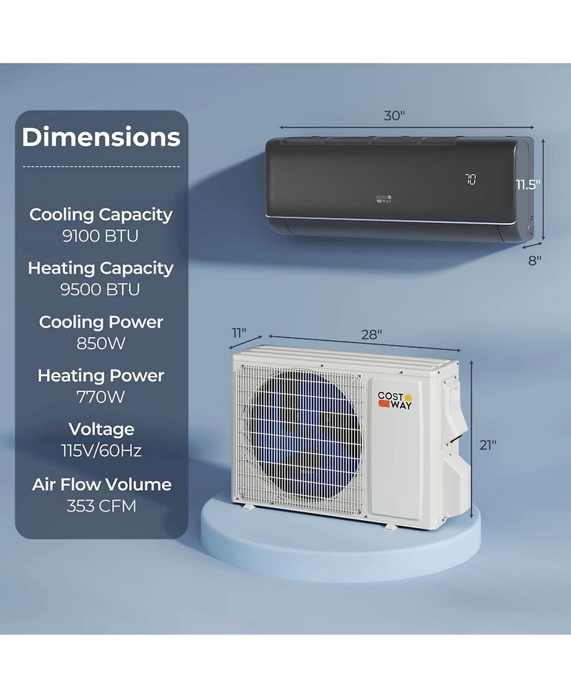 Costway 9100BTU Wifi Enabled Mini Split Ac 20.5 SEER2115V Inverter Air Conditioner