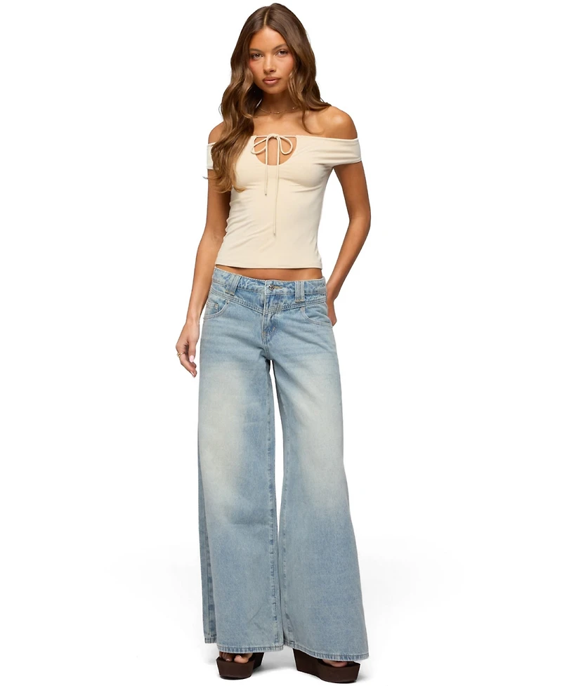 Edikted Women's Stitched Low Rise Wide Leg Jeans