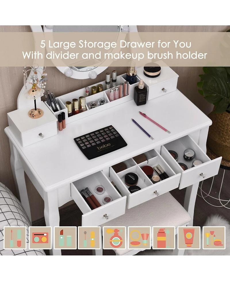 Volenca Lighted Vanity Set with 10 Led Bulbs, 5 Drawers, Cushioned Stool