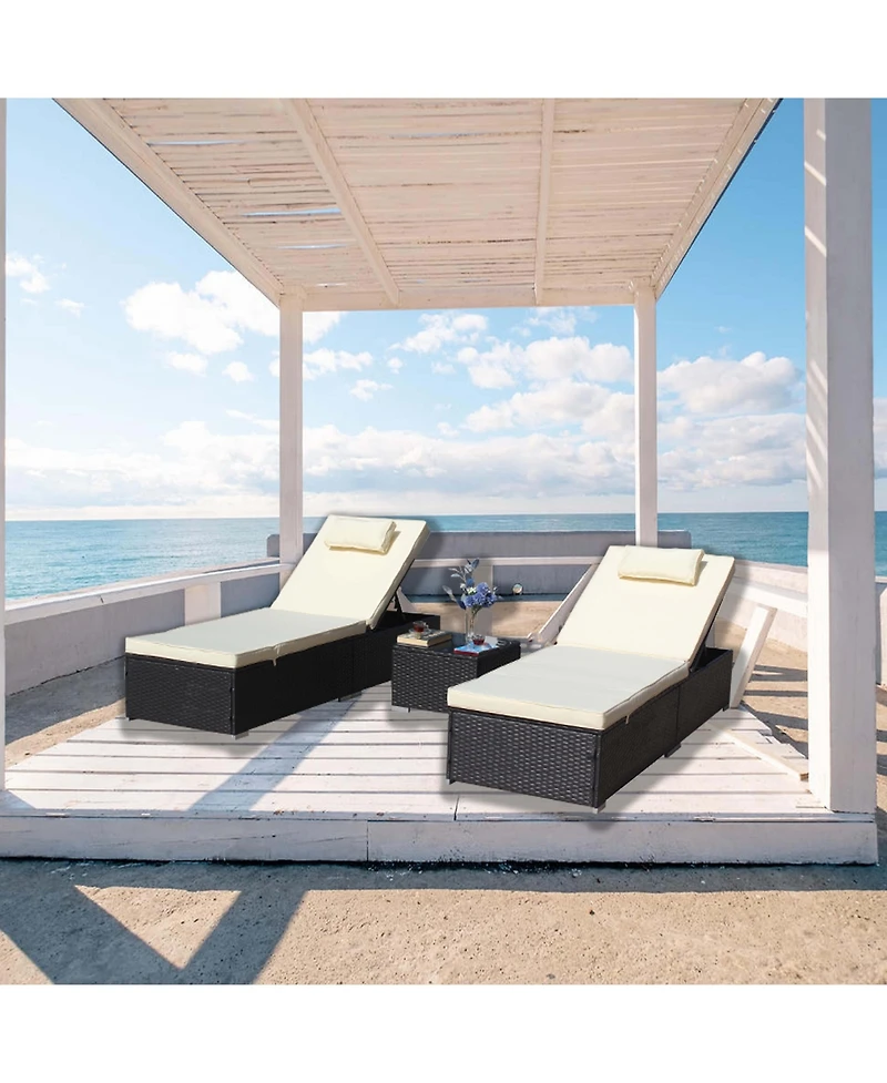 Clihome 3-Piece Outdoor Patio Furniture Set - 2 Adjustable Rattan Chaise Lounges with Cushions and Tempered Glass Coffee Table