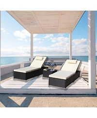Clihome 3-Piece Outdoor Patio Furniture Set - 2 Adjustable Rattan Chaise Lounges with Cushions and Tempered Glass Coffee Table