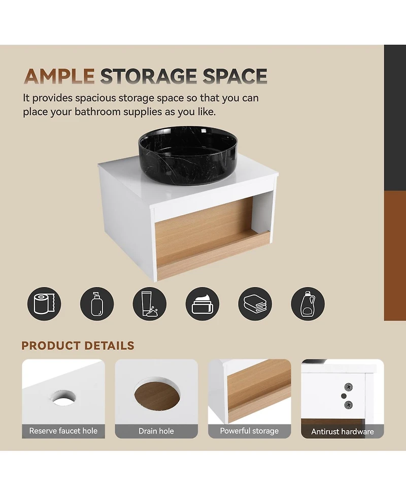 Sillysis Wall Mounted Bathroom Vanity with Marble Vessel Sink, Floating Plywood Cabinet, Open Storage for Small Spaces