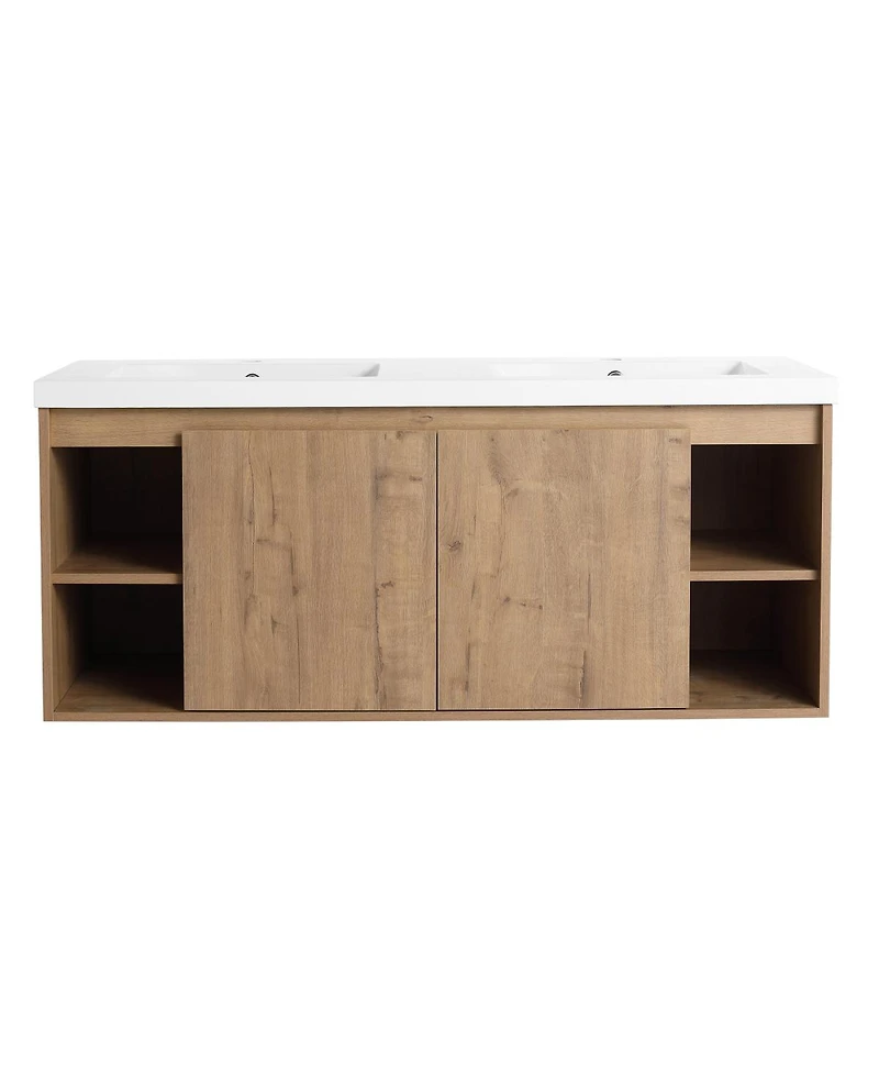 Sillysis 47.6 Inch Wall Mounted Double Sink Bathroom Vanity with Open Storage and Soft Close Doors, Modern Plywood Cabinet