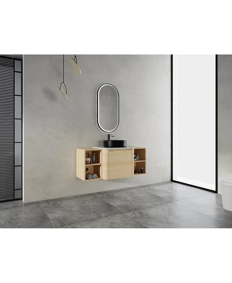 Sillysis Wall Mounted Bathroom Vanity with Ceramic Vessel Sink, Stone Top and Storage Shelves for Modern Bathrooms