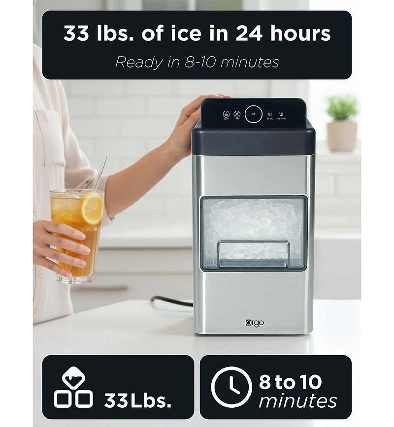 Orgo The Nugget Countertop Ice Maker, Makes 33 lbs. in 24 hours, Nugget Shaped Ice In 2 Sizes, Stainless Steel Ice Maker, Includes Scoop