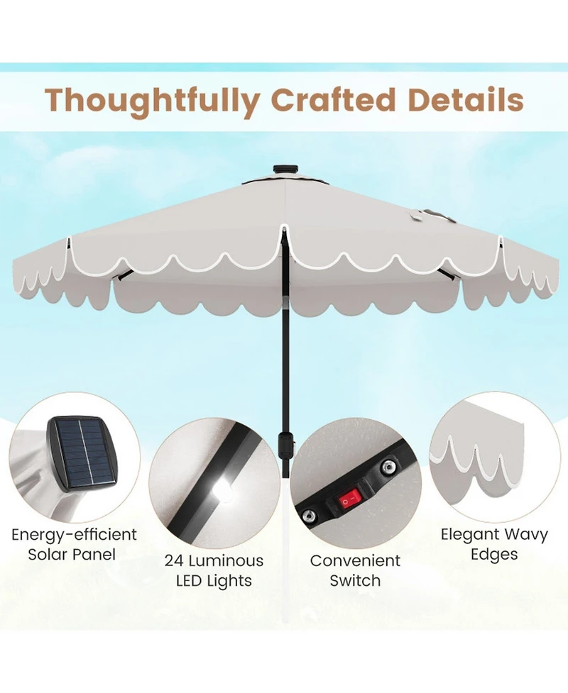Gouun 9.3 feet Solar Led Patio Umbrella with 24 Lights Ruffled Canopy and Vented Design