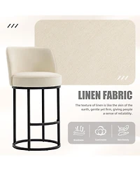 Rainsken Modern Barrel Bar Stools Set of 2 Linen Fabric Upholstered Counter Height Chairs with Back and Footrest for Kitchen Island
