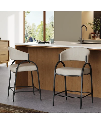 Rainsken 25 inch Seat Height Modern Fabric Bar Stools, Counter Height Chairs Set of 2 with Curved Backrest and Metal Frame for Kitchen Island