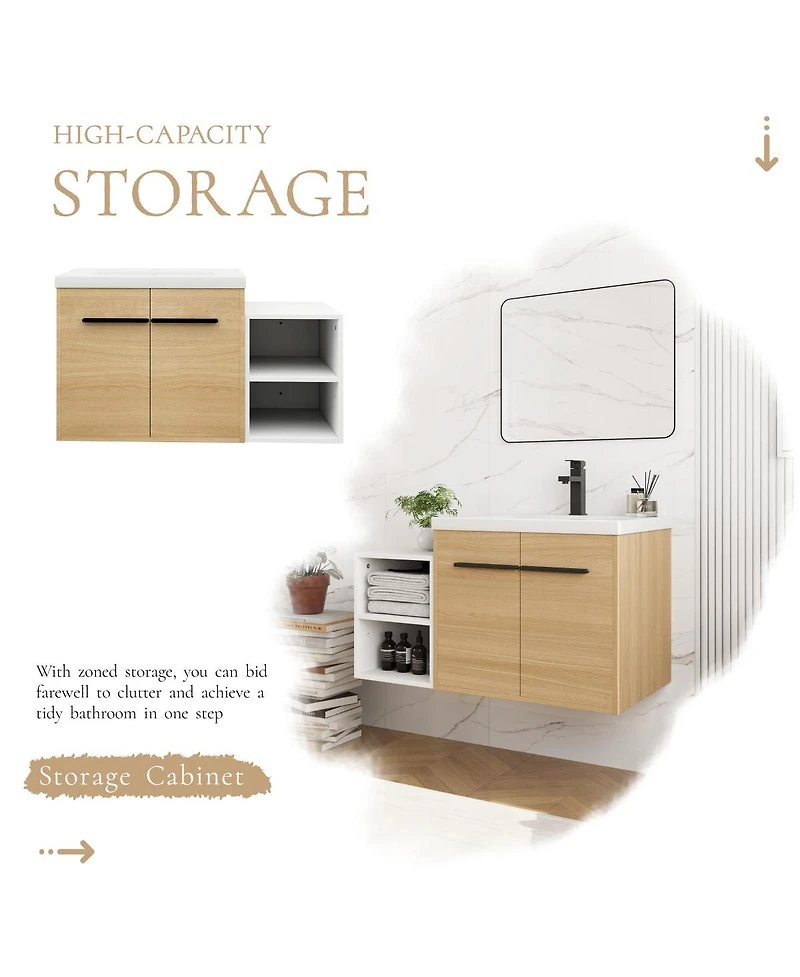 Sillysis 36 Inch Wall Mounted Bathroom Vanity with Resin Sink and Open Storage Shelves for Modern Small Bathrooms