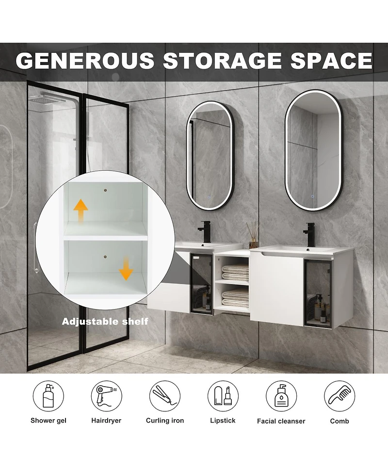Sillysis Double Sink Wall Mounted Bathroom Vanity with Ceramic Basin, Modern Floating Plywood Cabinet