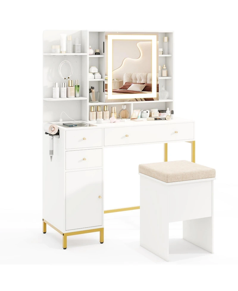 Volenca Vanity Desk with 3-Mode Lighting, Cabinet, and Stool, Trim