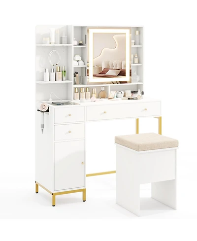 Volenca Vanity Desk with 3-Mode Lighting, Cabinet, and Stool, Trim