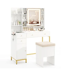 Volenca Vanity Desk with 3-Mode Lighting, Cabinet, and Stool, Trim