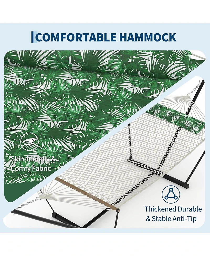 gaomon Double Hammock with Stand - 2-Person Cotton Rope Hammock with Polyester Quilted Pad and Pillow, 475 Lbs Capacity Portable Hammock for Garden