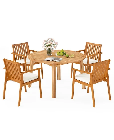Sugift 5-Piece Acacia Wood 53 in Round Dining Set with Umbrella Hole