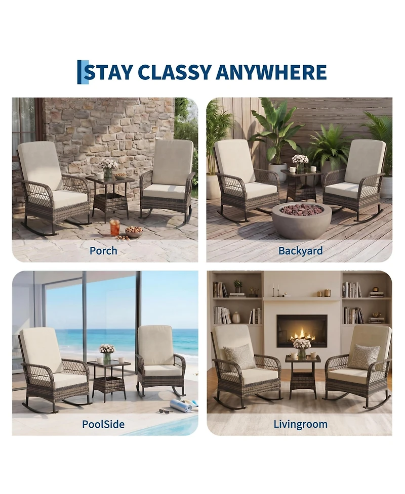 gaomon 3-Piece Patio Furniture Set 2 Rocking Chairs and Glass Table, Outdoor Wicker Seating