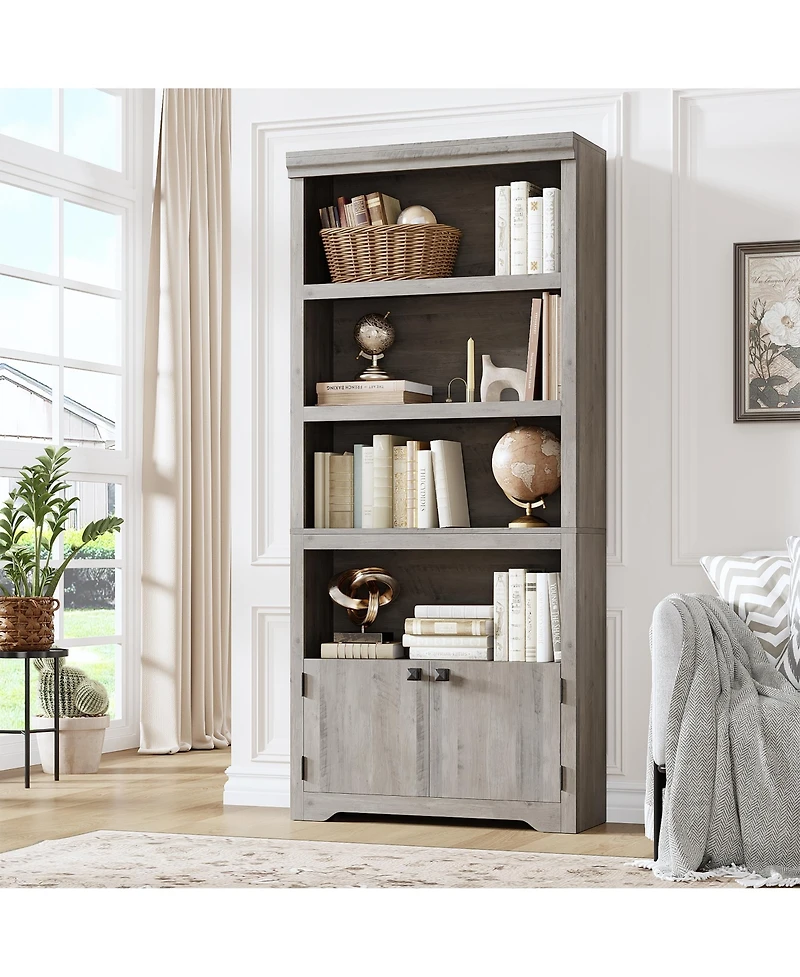 homfan 5-Tier Modern Storage Cabinet with Doors and Adjustable Shelves, Anti-Slip Tall Bookcase for Home Office, Living Room, Study, Library