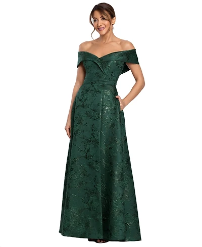 Xscape Petite Off-The-Shoulder Brocade Print Ball Gown