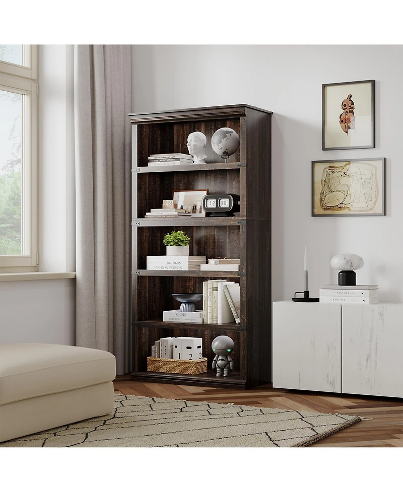 homfan 31 Inch Retro Bookcase with Metal Frame, Bookshelf for Living Room Office, Engineered Wood