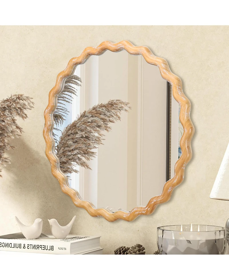 Midola 27.5" Round Wavy Wall Mirror for Bathroom Vanity, Wooden Farmhouse Circle Mirrors for Bedroom, Entryway, Living Room, Kitchen