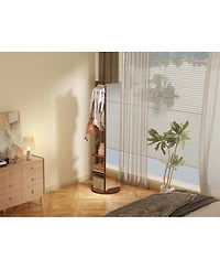 Midola 360 Degree Rotating Multifunctional Full-Length Floor Mirror with Coat Rack and Hook Storage, Solid Wood Frame for Bedroom and Living Room
