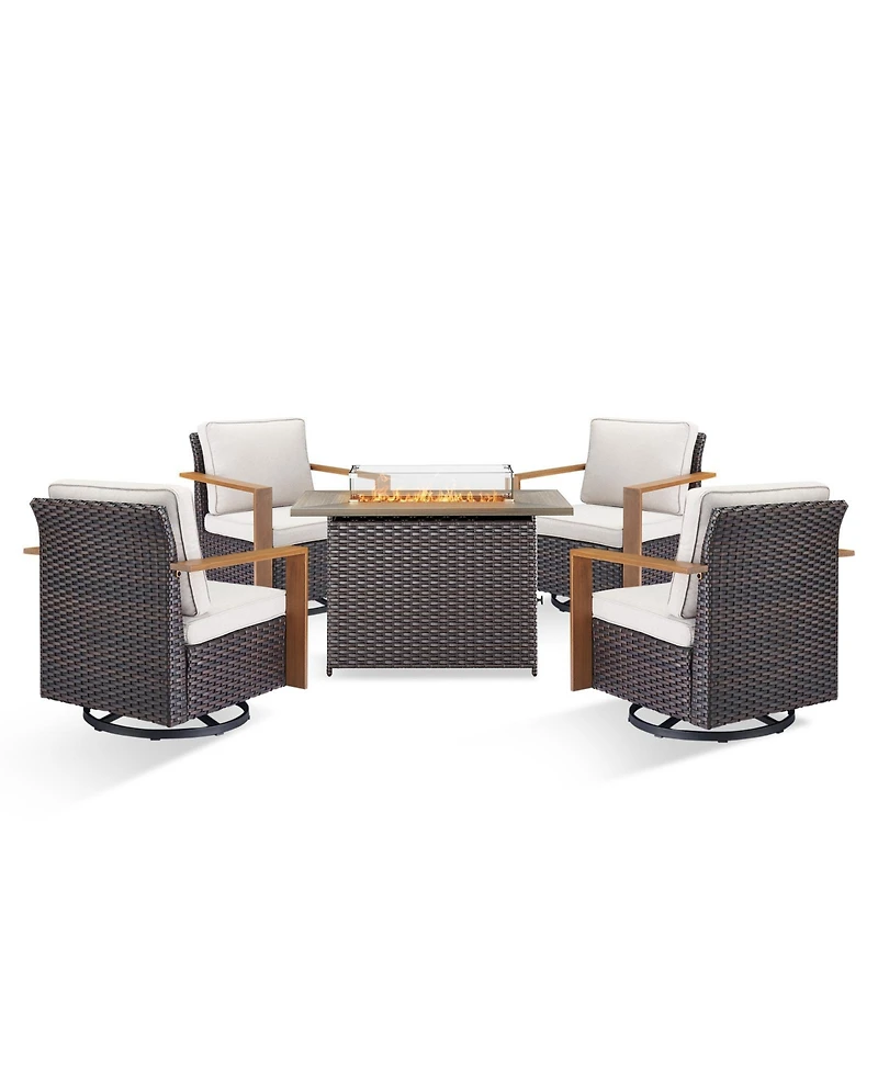 Pocassy Patio Furniture Set with Fire Pit Table, 5 Piece Outdoor Swivel Rocker Chairs, Wicker Rattan Thickened Cushion