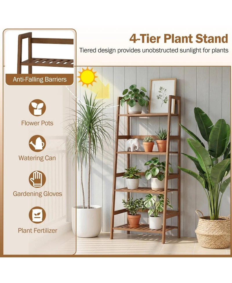 Gouun 4-Tier Bamboo Plant Rack with Guardrails Stable and Space-Saving