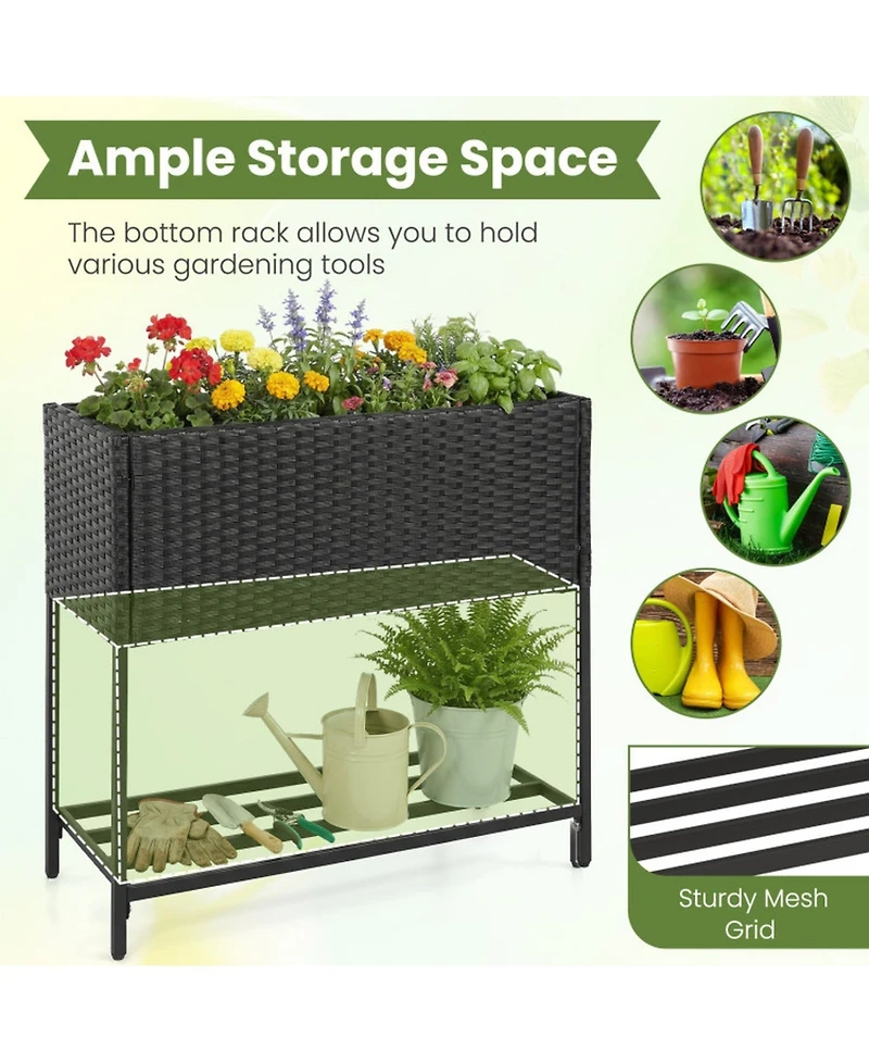 Gouun Elevated Garden Planter with Rattan Finish and Bottom Shelf