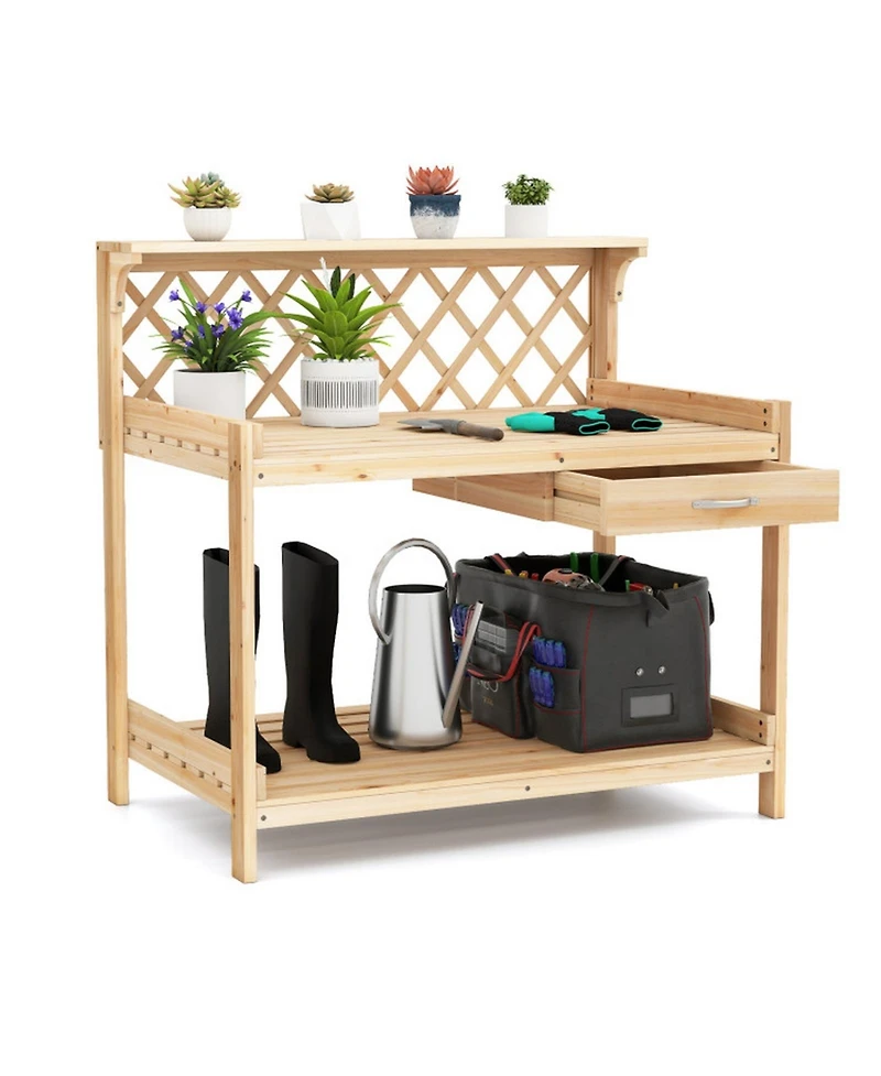 Gouun Wooden Garden Potting Bench with Lattice Trellis and Drawer