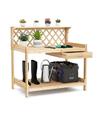 Gouun Wooden Garden Potting Bench with Lattice Trellis and Drawer