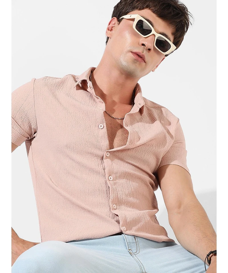 Campus Sutra Men's Peach Textured Regular Fit Casual Shirt