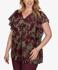 Ruby Rd. Plus Tropical Print Gauze Flutter-Sleeve Top