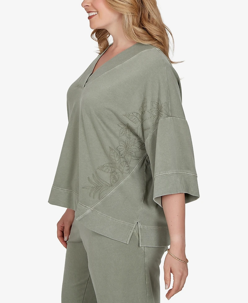 Ruby Rd. Plus Tropical Embroidered French Terry Knit Top
