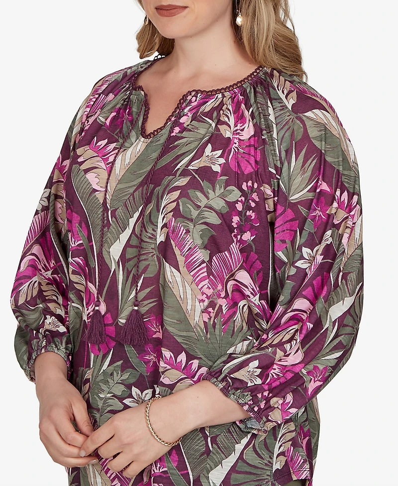 Ruby Rd. Plus Tropical Print Knit Tassel Top