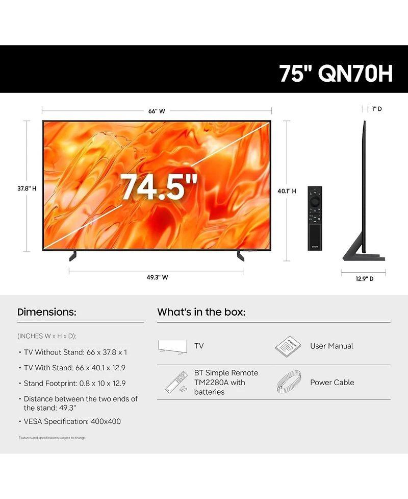 Samsung QN75QN70HAFXZA 75 Inch Neo Qled Smart Tv with 2 Year Amber Protection Plan (2026)