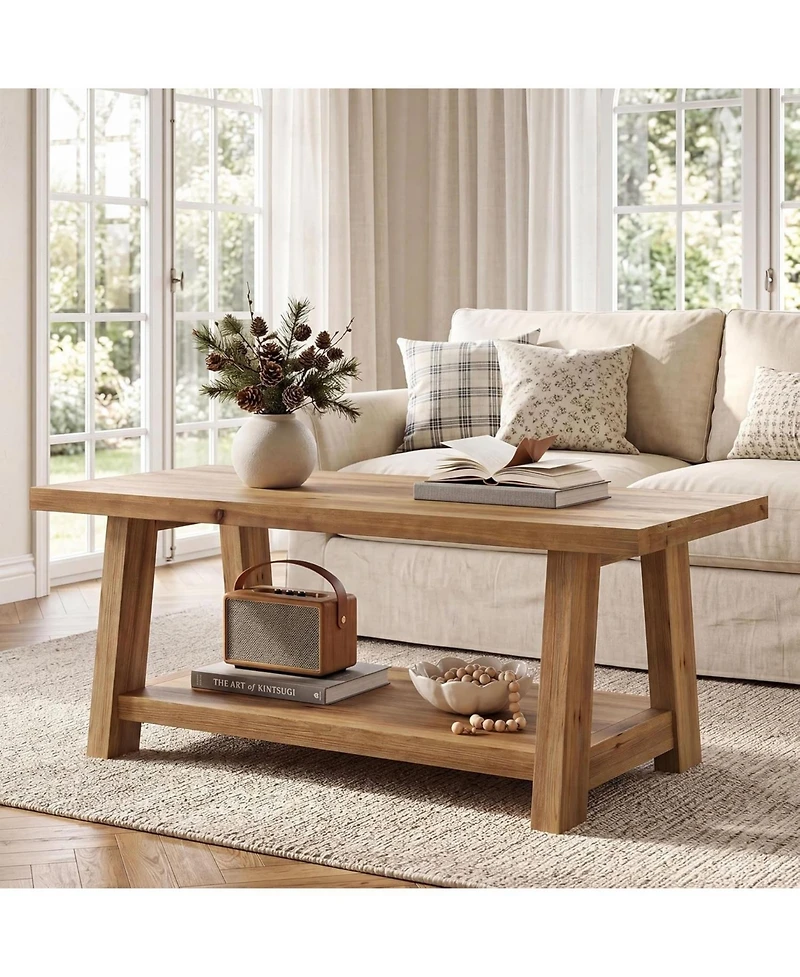 Tribesigns Rustic Solid Wood Coffee Table, 2-Tier Rectangle Accent Center Table with Lower Storage Shelf, Farmhouse Simple Cocktail Tea Tables