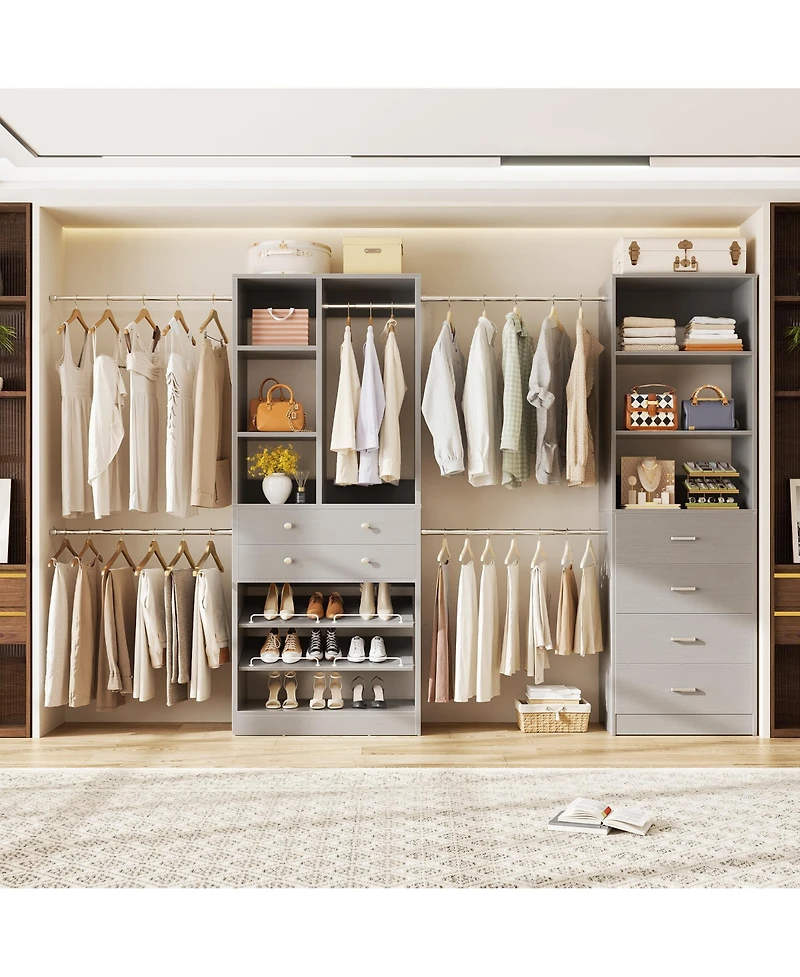 Aheaplus Wooden Closet System Set with 6 Drawers and 5 Hanging Rods and 6 Shelves
