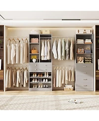 Aheaplus Wooden Closet System Set with 6 Drawers and 5 Hanging Rods and 6 Shelves