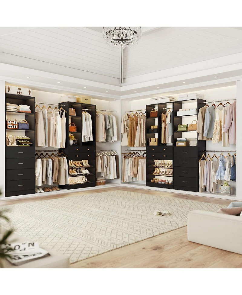 Aheaplus Wooden Closet System Set with 6 Drawers and 5 Hanging Rods Shelves