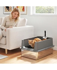 PawHut Xl Stainless Steel Cat Litter Box High Sided Include Scoop Pad