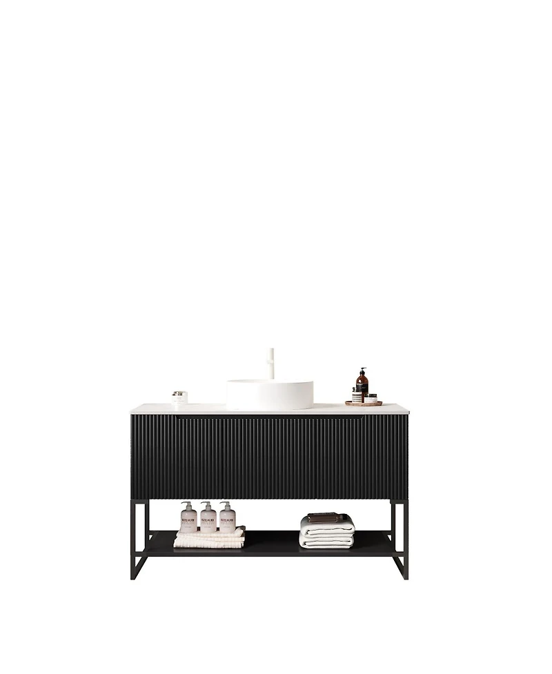 Sillysis 48 Inch Modern Bathroom Vanity with Ceramic Vessel Sink, Sintered Stone Countertop, Soft Close Doors