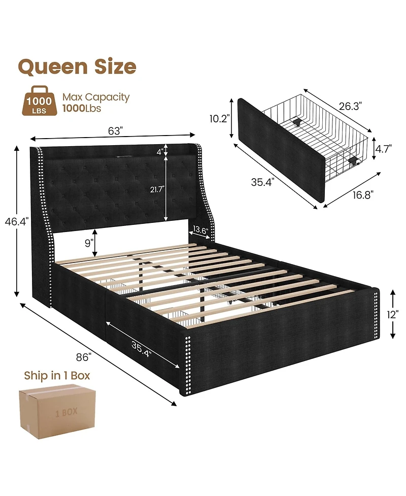 homfan 2 piece Upholstered Platform Bed Frame with Wingback Headboard, 4 Storage Drawers, Built-in Usb, Sturdy Wood Slats, Space-Saving