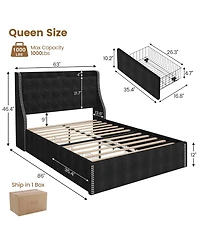 homfan 2 piece Upholstered Platform Bed Frame with Wingback Headboard, 4 Storage Drawers, Built-in Usb, Sturdy Wood Slats, Space-Saving