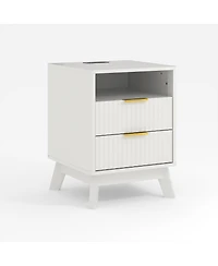gaomon 18" Modern Fluted Nightstand with Charging Station, Curved Profile Side Table 2 Drawers, Multi-Functional End for Bedroom