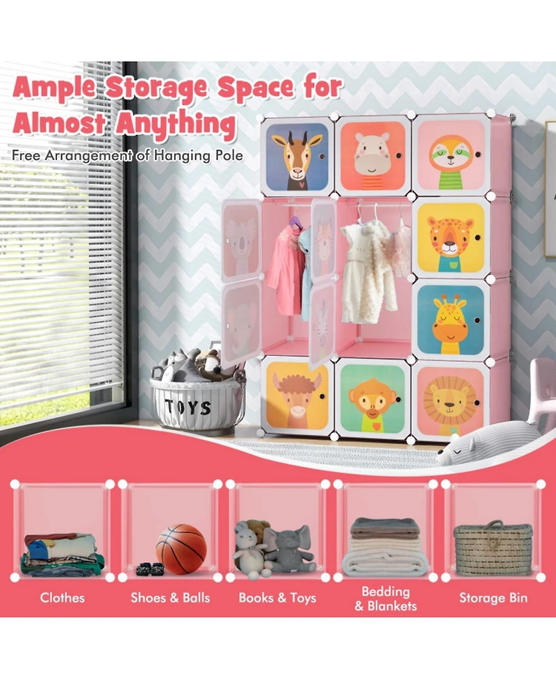 Gouun 12-Cube Kids Wardrobe Closet Hanging Section Doors Storage Organizer