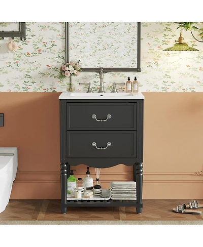 Thirtypeachy 24" Vintage Wave Bathroom Vanity With Ceramic Sink, 2 Soft-Close Drawers Open Shelf, 8" Faucet Fit